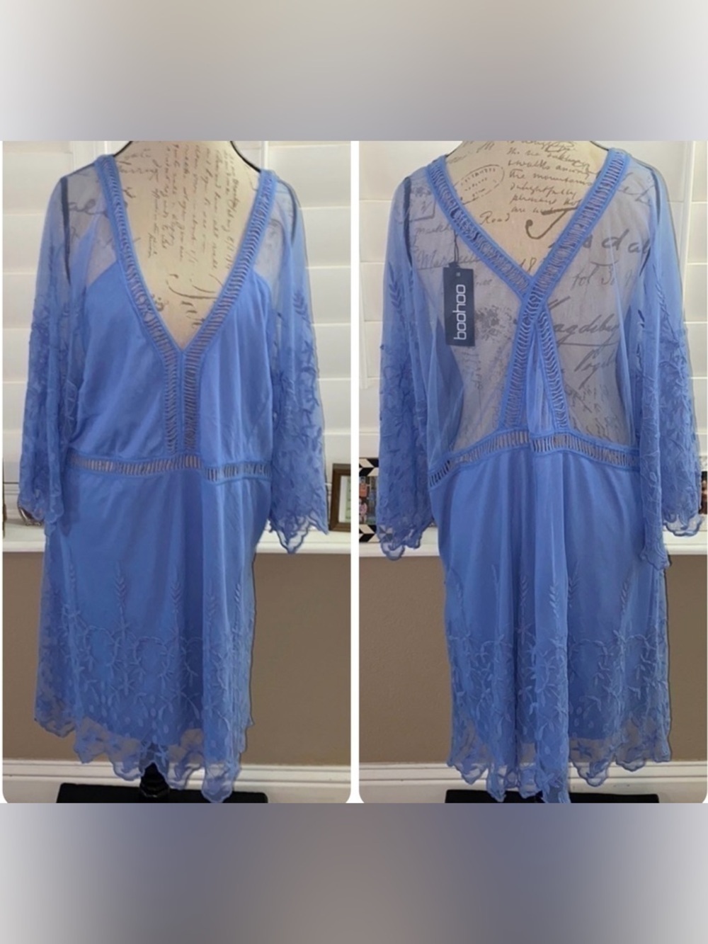 Boohoo Plus Lace Insert Bell Sleeve Mini Dress Powder Blue